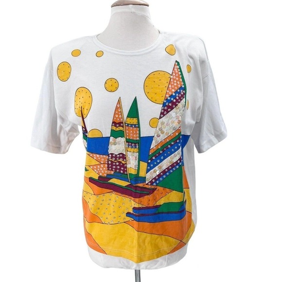 Western Connection Tops - Vintage 90s Colorful Embellished Sailboat T-Shirt Shoulder Pads
